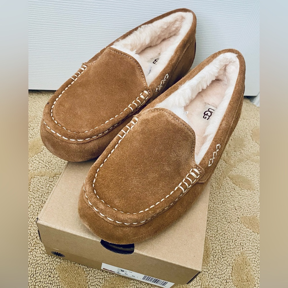 UGG Ansley Tan Suede Slippers with Plush Lining